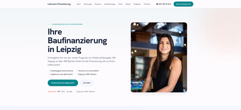 Startseite einer Baufi Webseite: Live-Demo der Musterfirma Lehmann Finanzierung