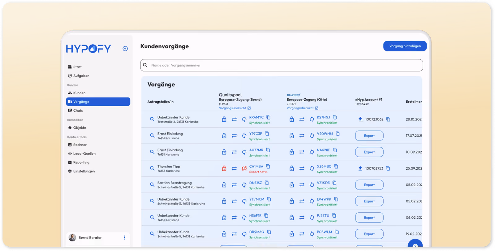 Vorgangsübersicht im HYPOFY-CRM: je Vorgang die Zugänge zu Qualitypool, BAUFINEX und eHyp nebeneinander, mit Vorgangsnummer, Synchronisationsstatus und Export-Schaltfläche