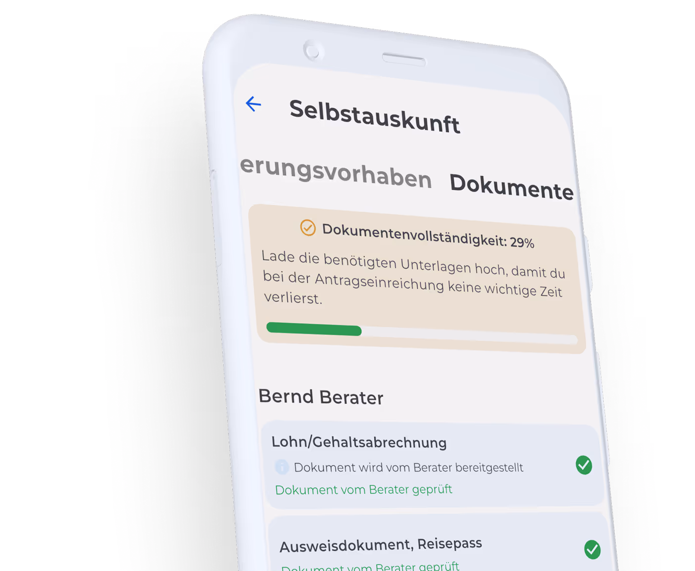 Ausschnitt der Selbstauskunft-Maske von HYPOFY dargestellt auf einem Smartphone. 