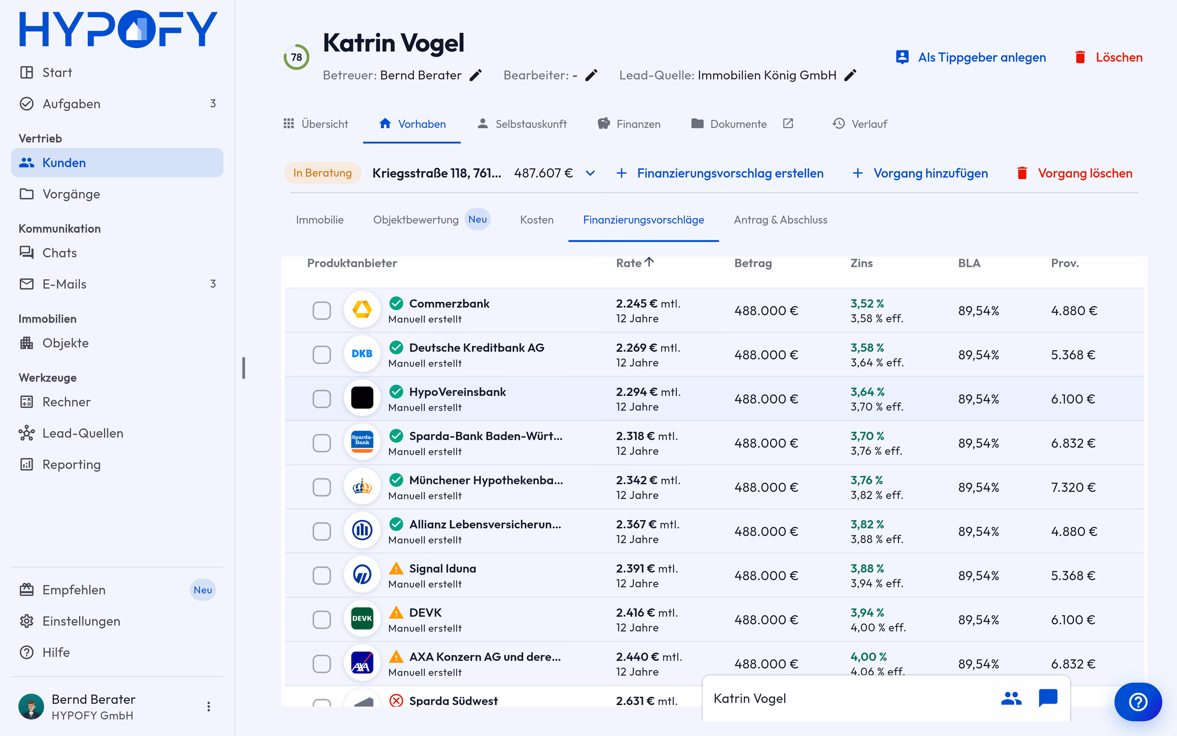 Angebotsvergleich im HYPOFY-CRM: Angebote mehrerer Banken mit Rate, Zins, Beleihungsauslauf und Provision