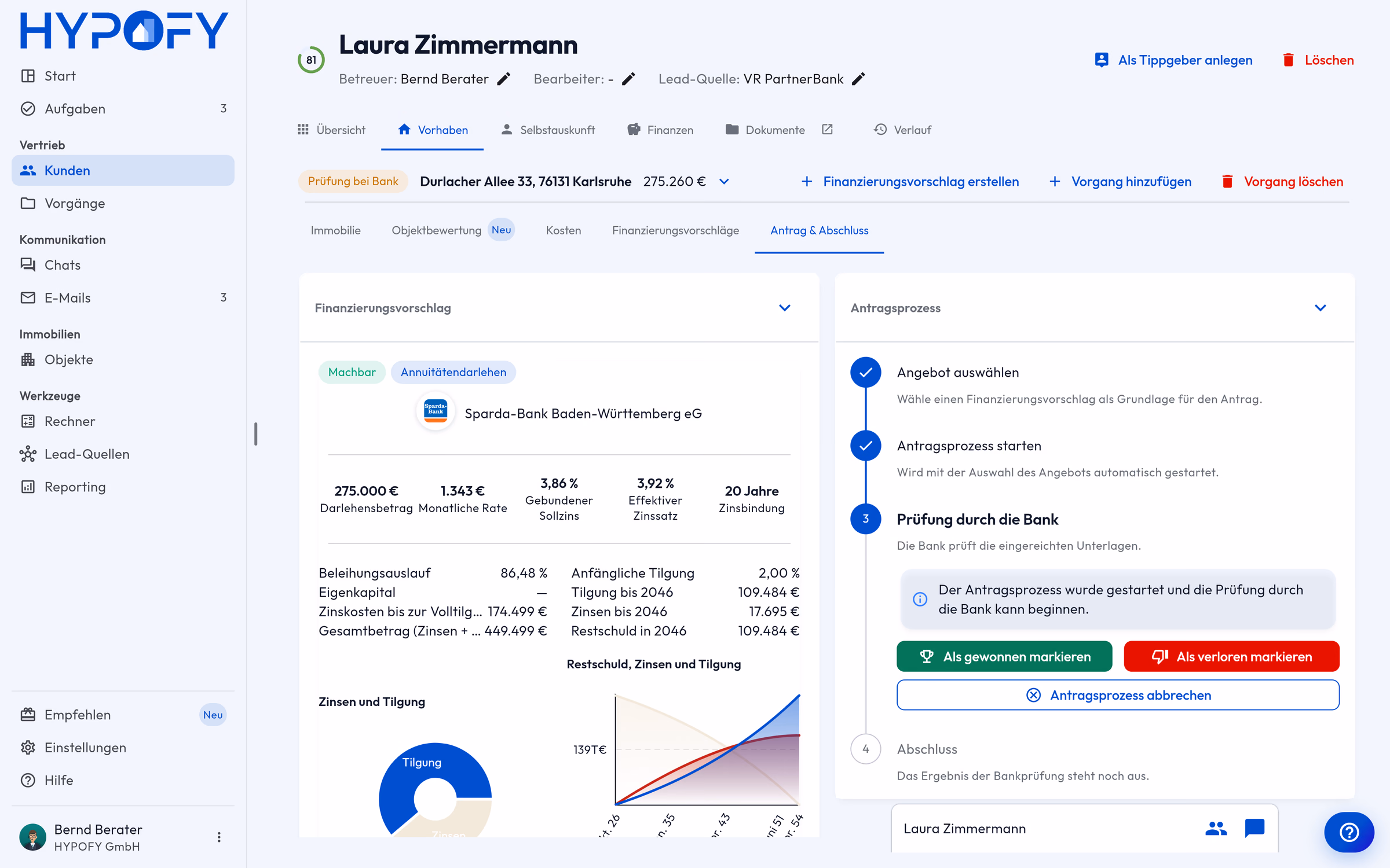 Antrag und Abschluss im HYPOFY-CRM: gewähltes Bankangebot mit Tilgungsverlauf und Antragsprozess in der Bankprüfung