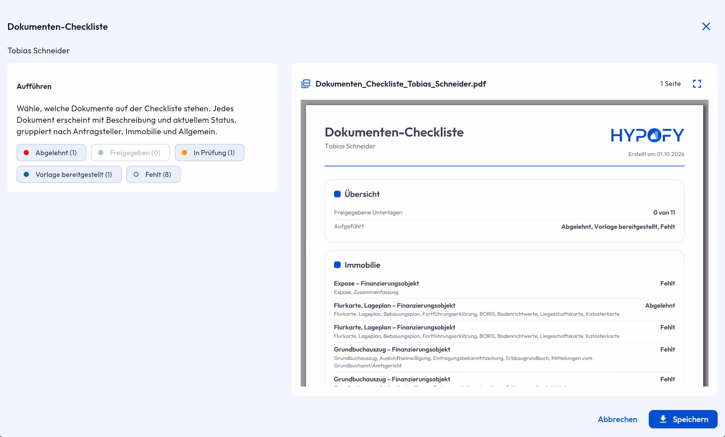 Dokumenten-Checkliste im HYPOFY-CRM: Auswahl der aufgeführten Status links, PDF-Vorschau mit fehlenden und abgelehnten Unterlagen rechts
