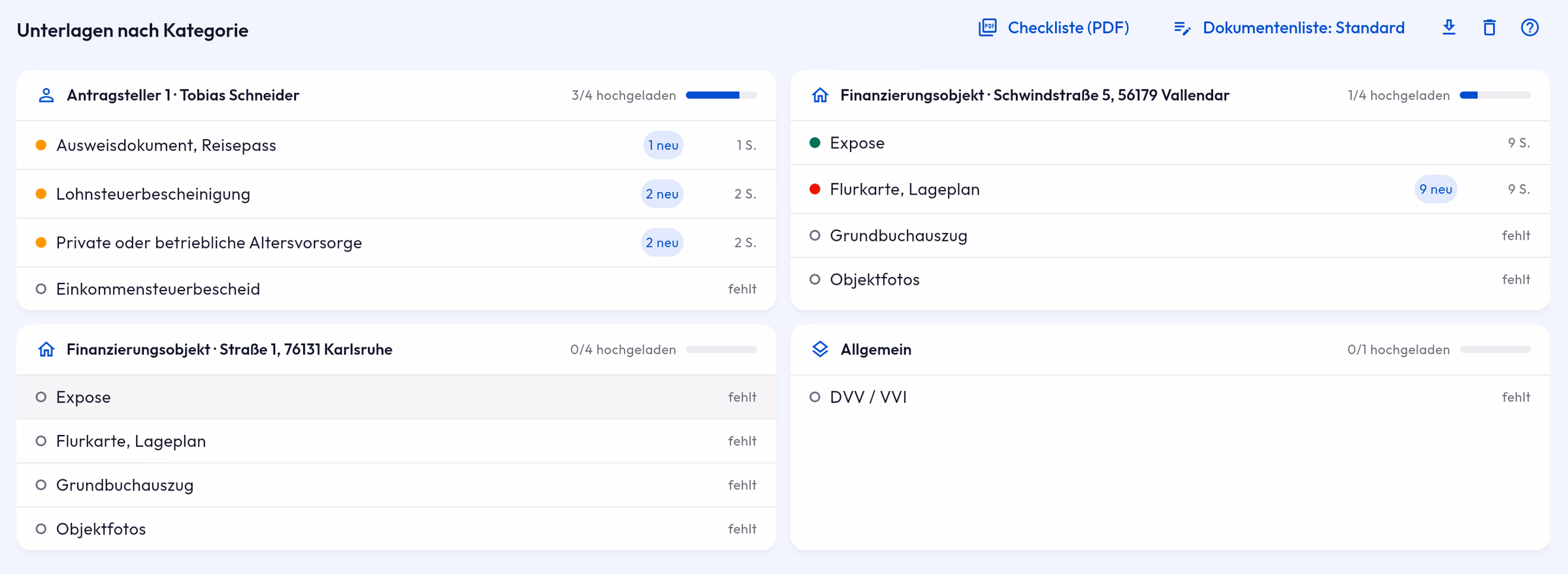 Unterlagen nach Kategorie im HYPOFY-CRM: Fortschritt je Antragsteller, Finanzierungsobjekt und Allgemein mit neuen, abgelehnten und fehlenden Dokumenten
