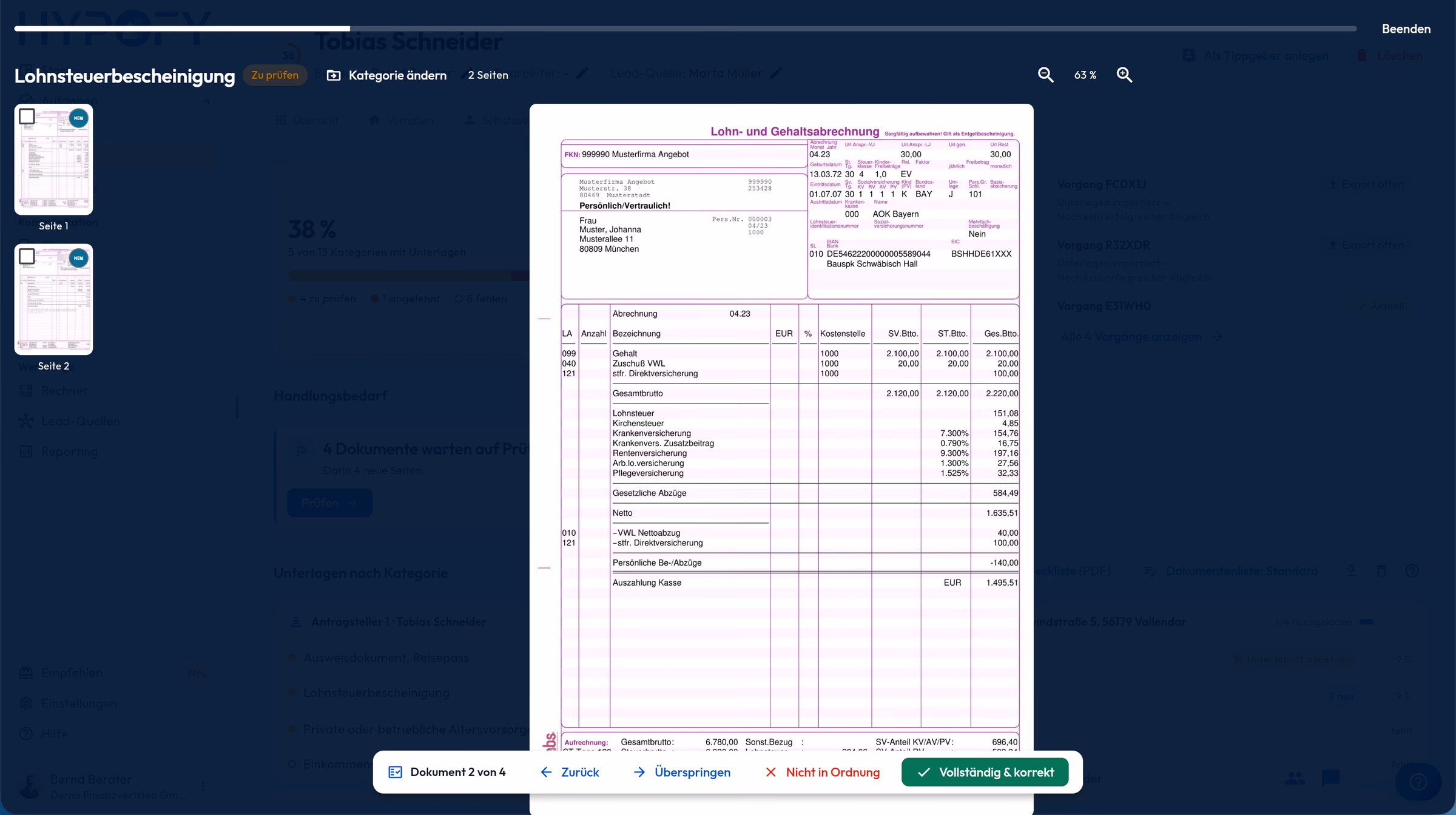 Prüfmodus im HYPOFY-CRM: Lohnsteuerbescheinigung in der Großansicht mit den Aktionen Zurück, Überspringen, Nicht in Ordnung und Vollständig & korrekt