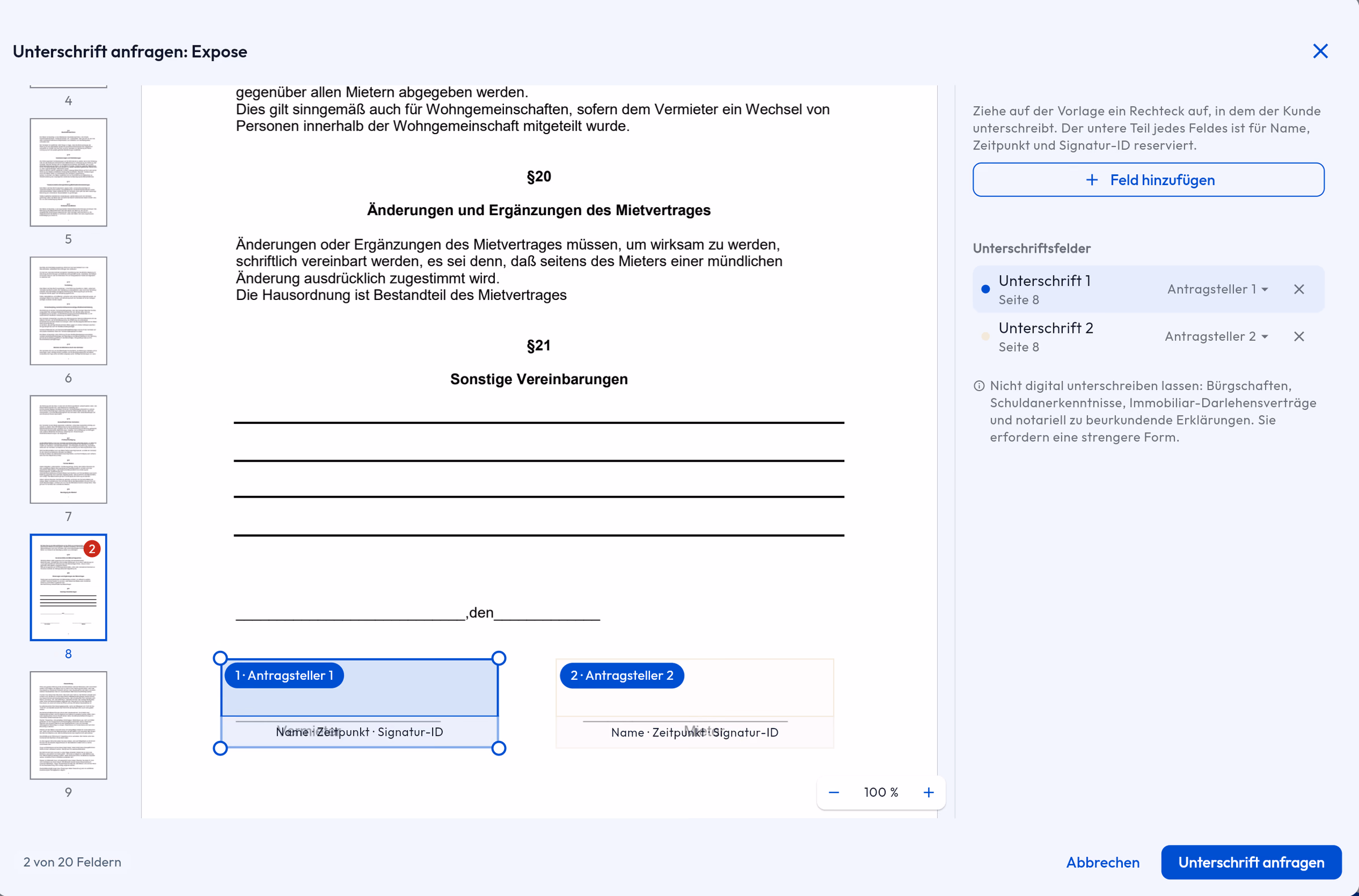 Unterschrift anfragen im HYPOFY-CRM: zwei Unterschriftsfelder auf Seite 8, zugewiesen an Antragsteller 1 und Antragsteller 2