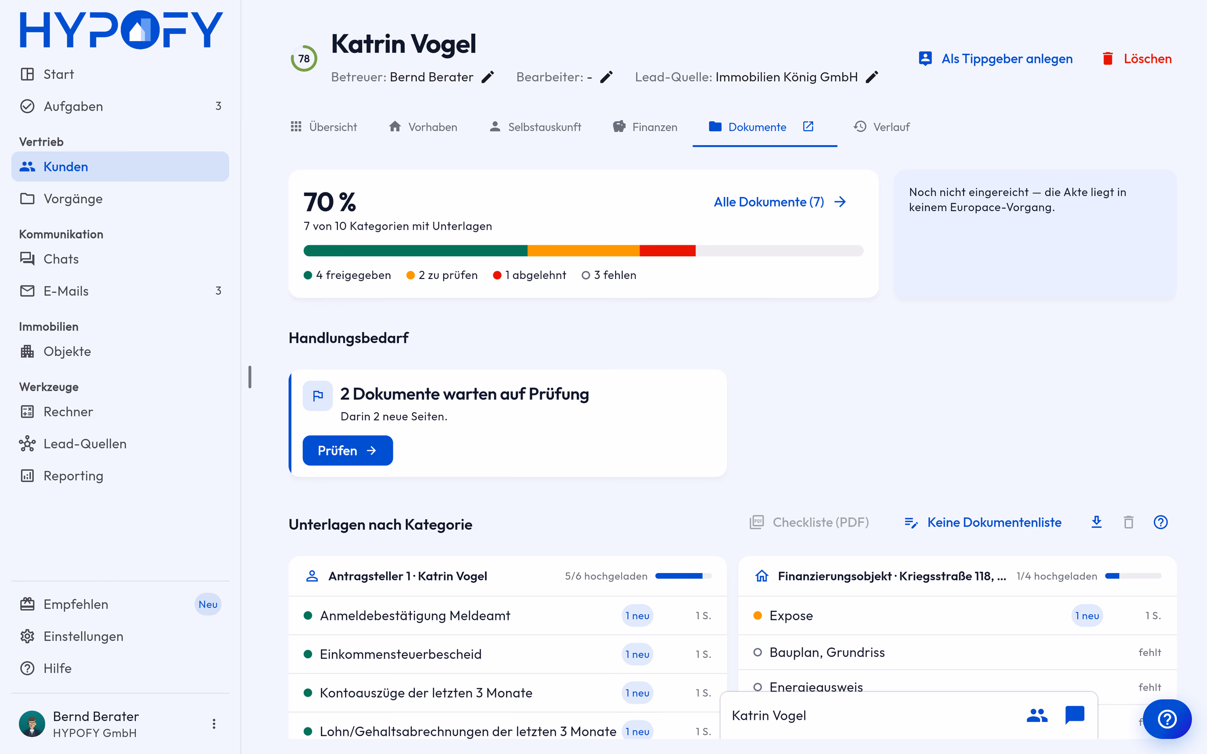 Dokumentencenter im HYPOFY-CRM: Unterlagen je Antragsteller und Objekt mit Status freigegeben, zu prüfen, abgelehnt und fehlend